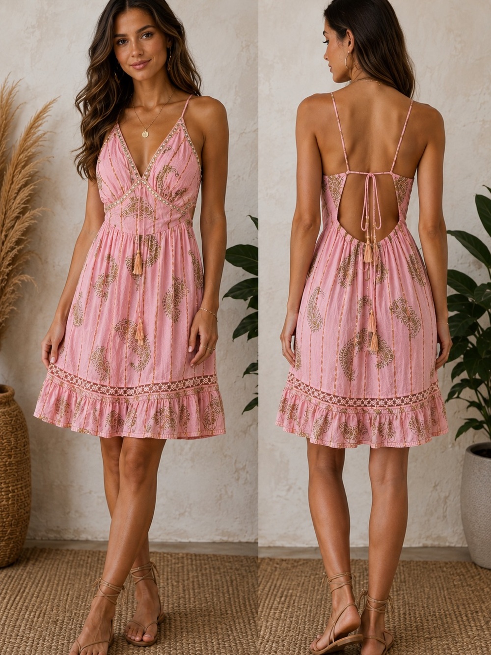 Ananta Pink Gold Paisley Embellished Boho Dress – S/M